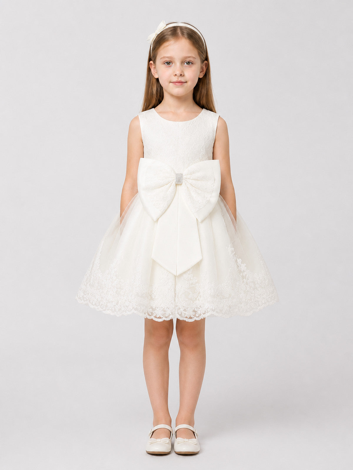 White Lace Princess Dress for Girls with a Bow on-model view
