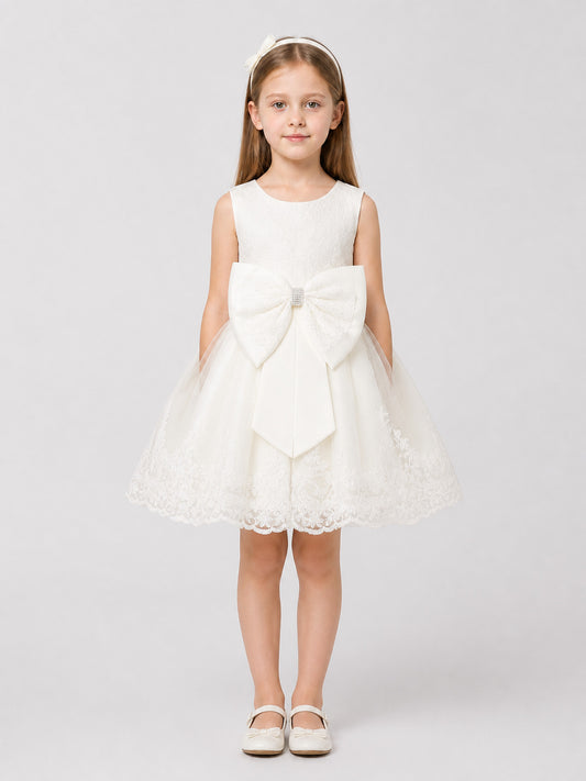 White Lace Princess Dress for Girls with a Bow on-model view