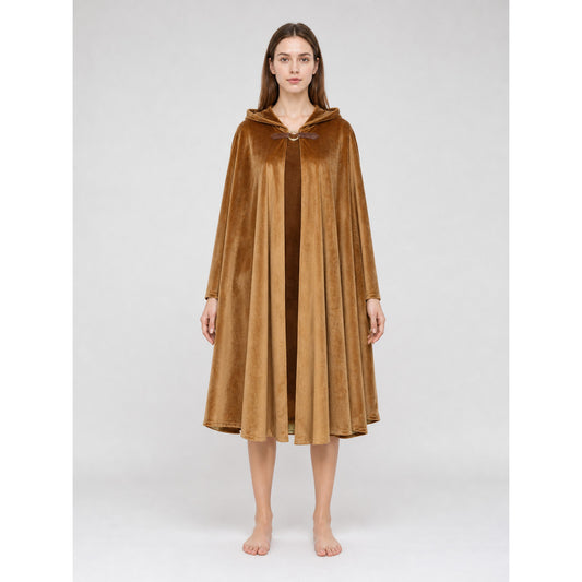 Long Light Brown Hooded Cloak for Cosplay front view