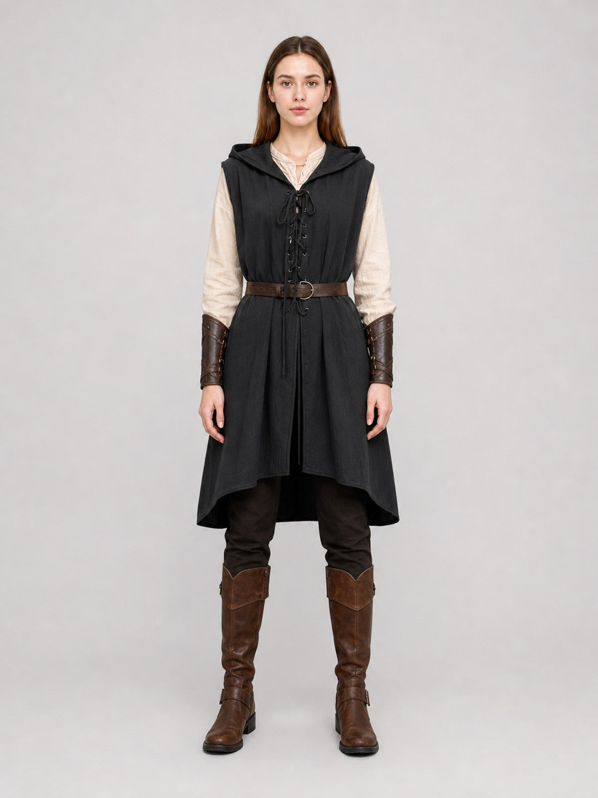 Black Medieval Hooded Dress with Belt
