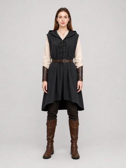 Black Medieval Hooded Dress with Belt