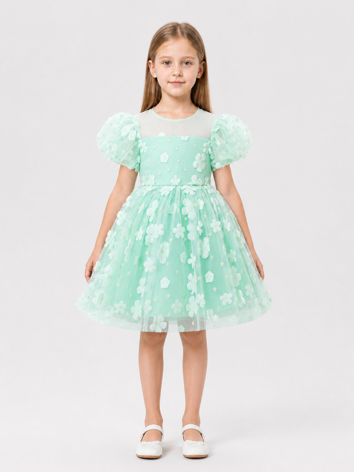 Mint Princess Dress for Girls with a Tulle Skirt on-model view