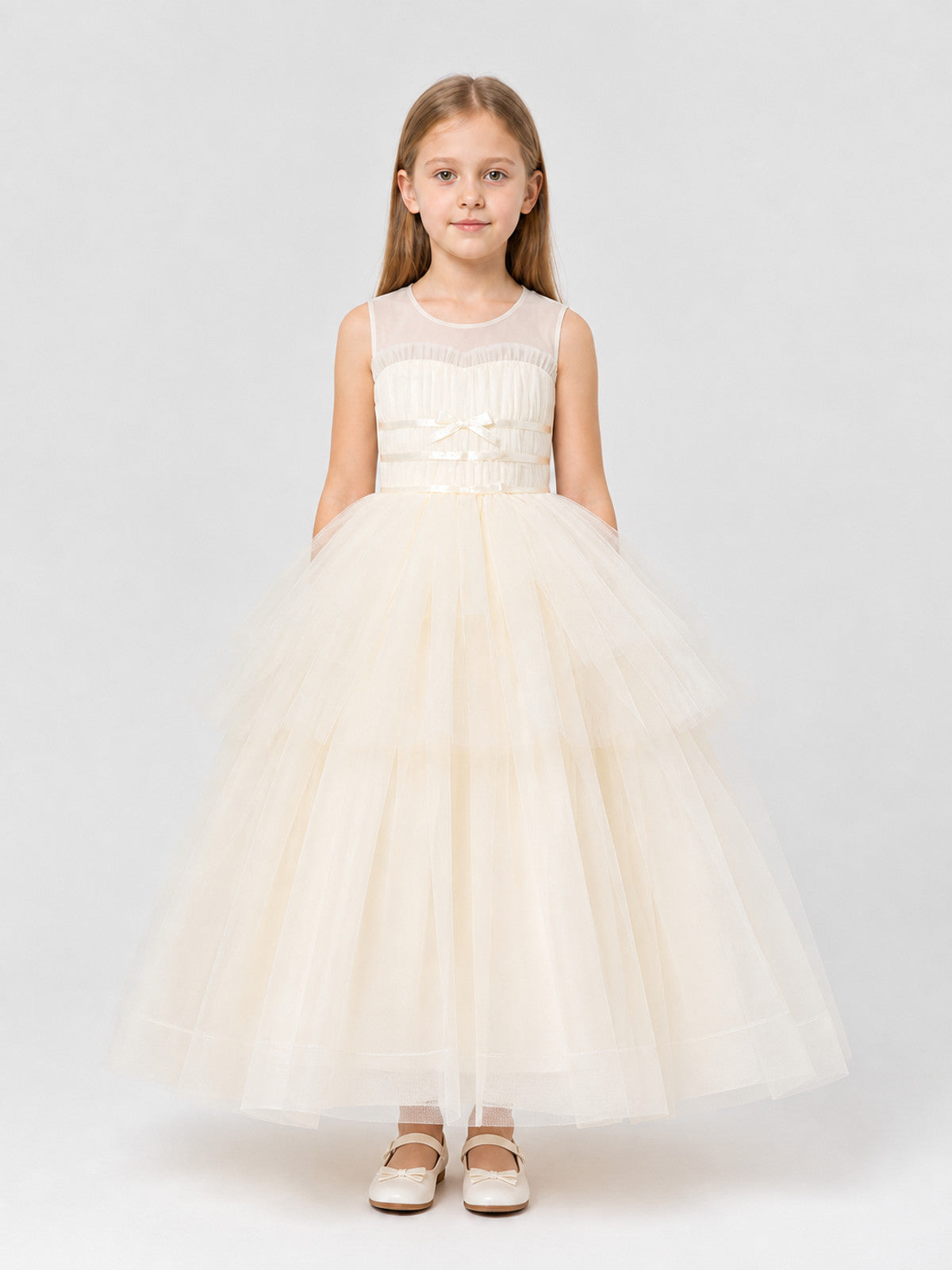Long Layered Tulle Princess Dress with Bow on-model view