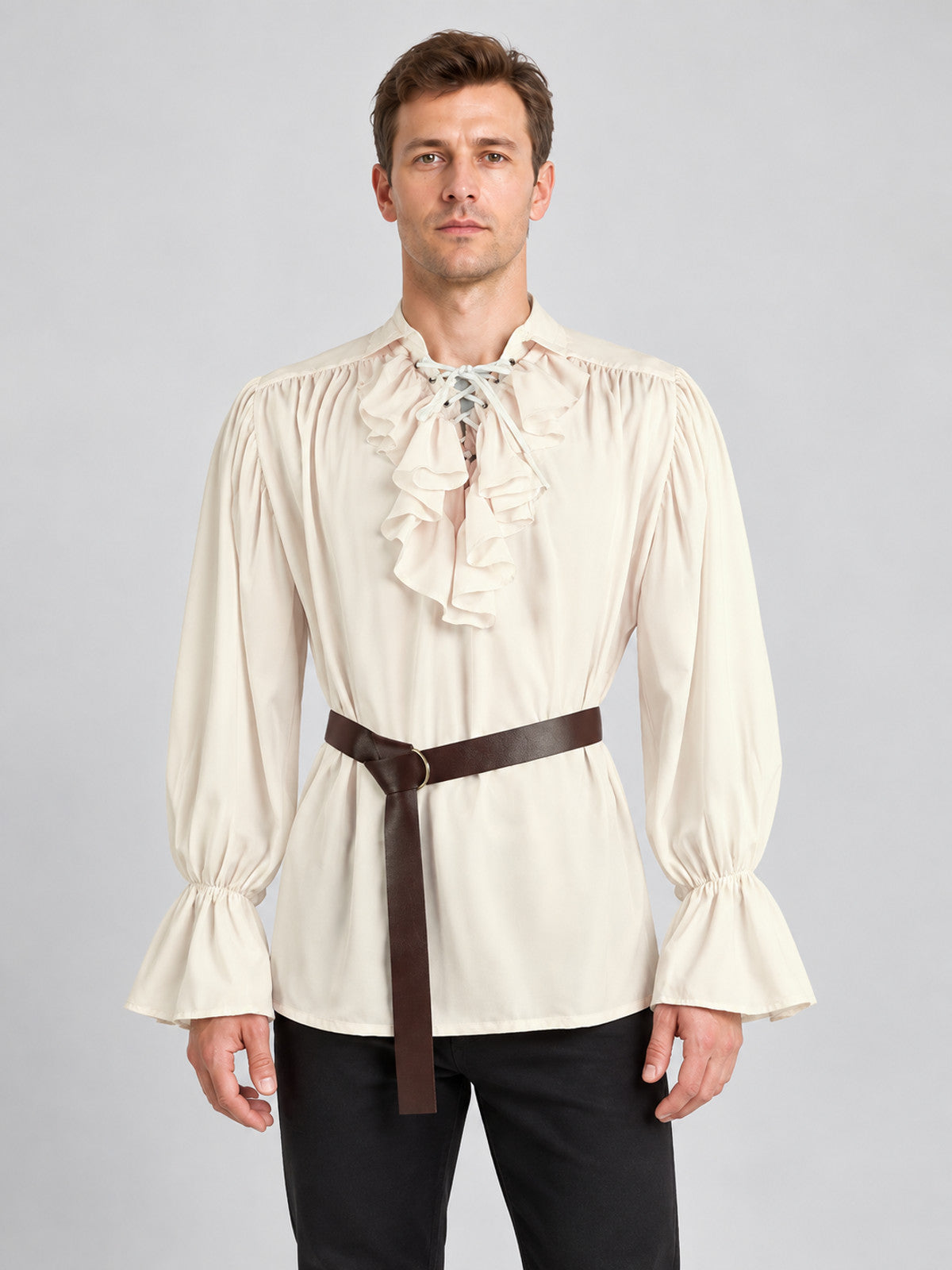 Beige ruffled shirt with puffy sleeves and a belt