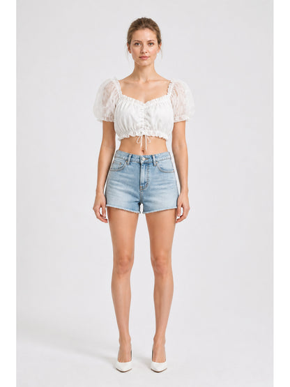 White Top with Puff Sleeves and Drawstring main product view