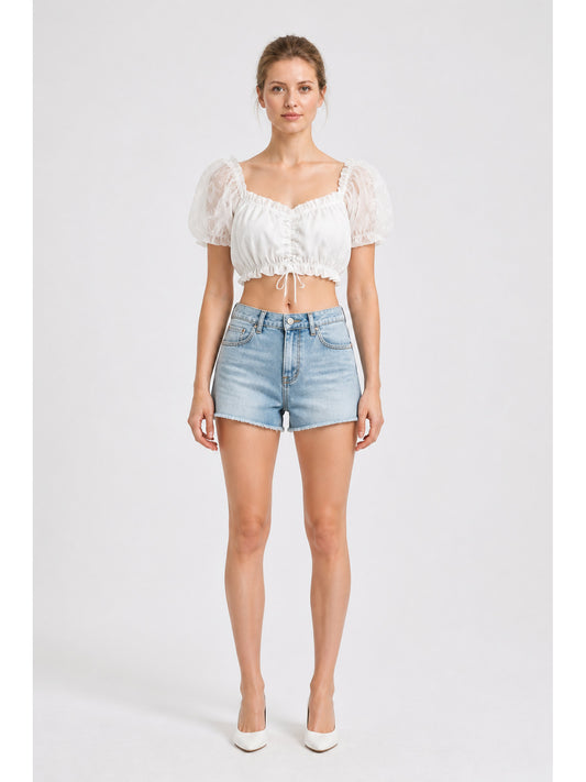 White Top with Puff Sleeves and Drawstring main product view