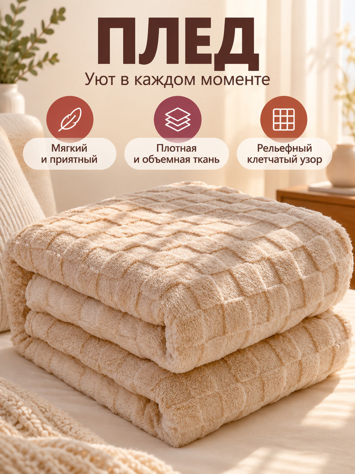 Light Beige Plaid Pattern Polyester Blanket