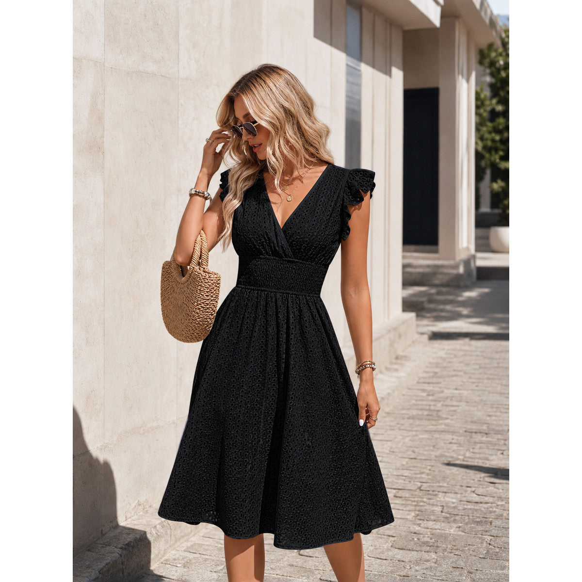 Women's Black Summer Midi Dress with V-Neckline