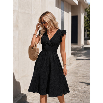 Women's Black Summer Midi Dress with V-Neckline