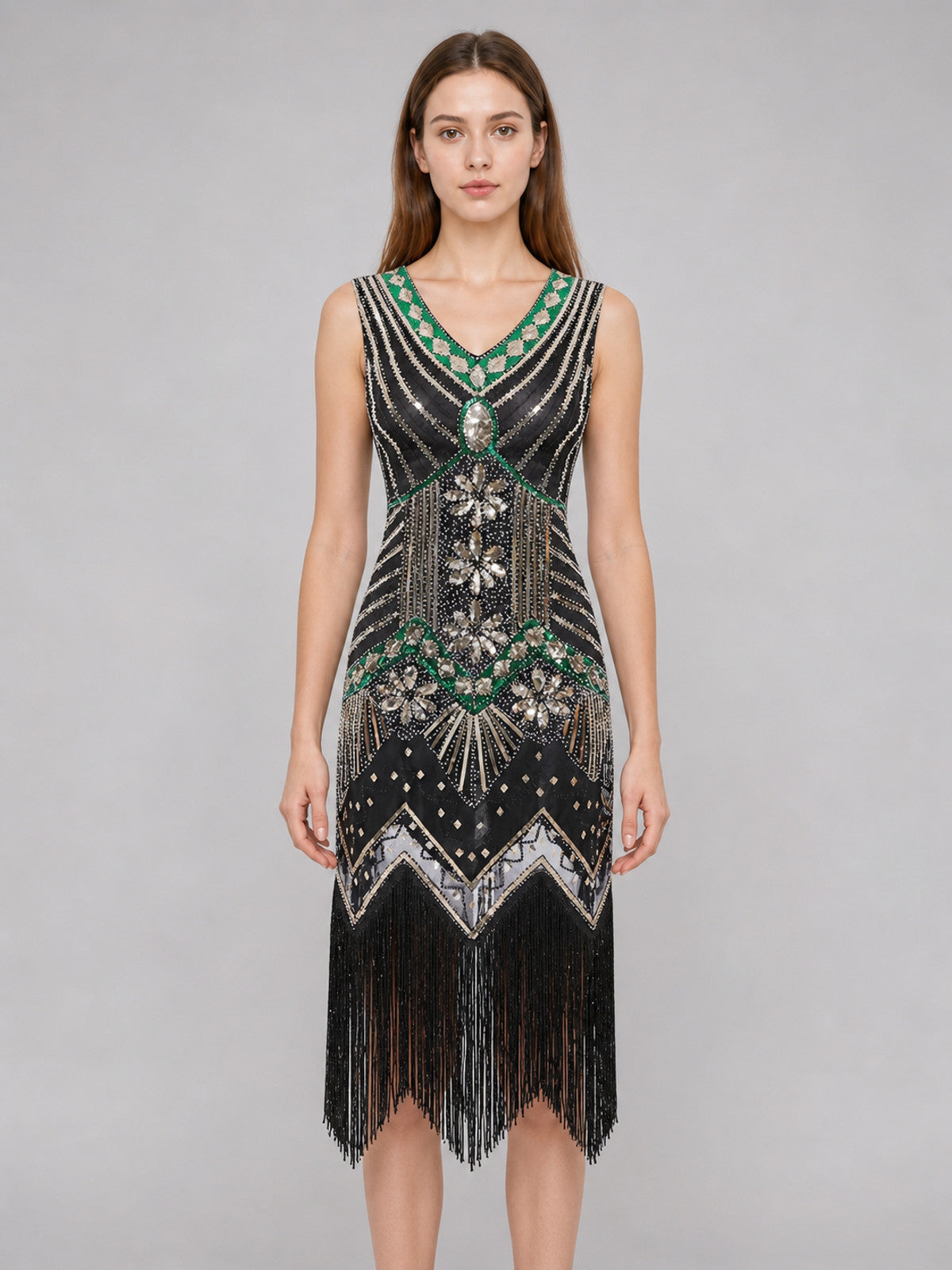 Vintage Retro-Style Fringe and Sequin Dress front view