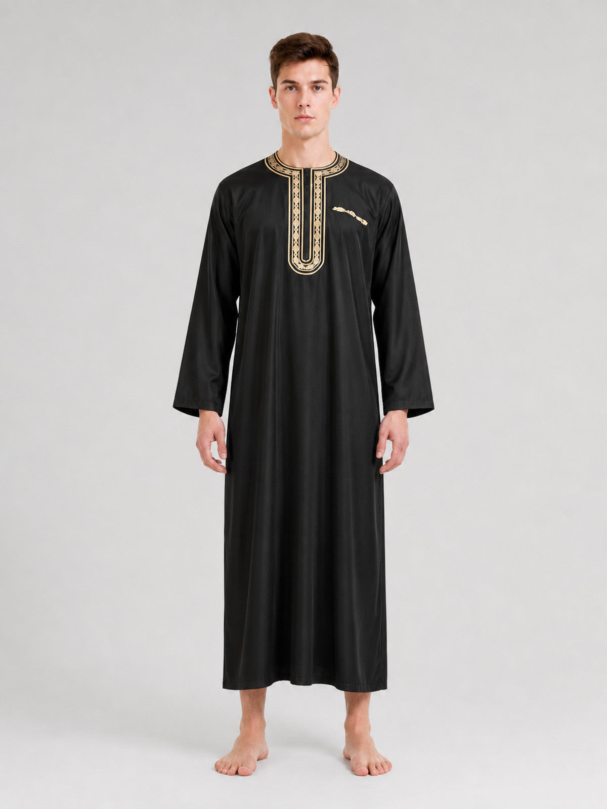 Long Black Abaya with Gold Collar Trim