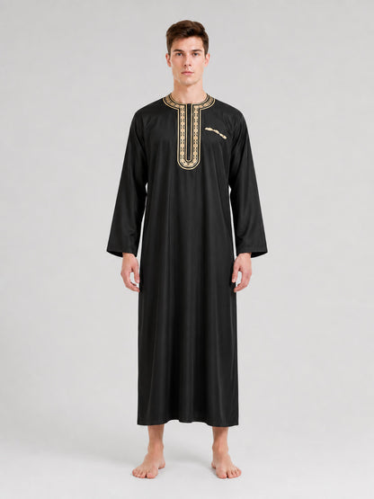Long Black Abaya with Gold Collar Trim