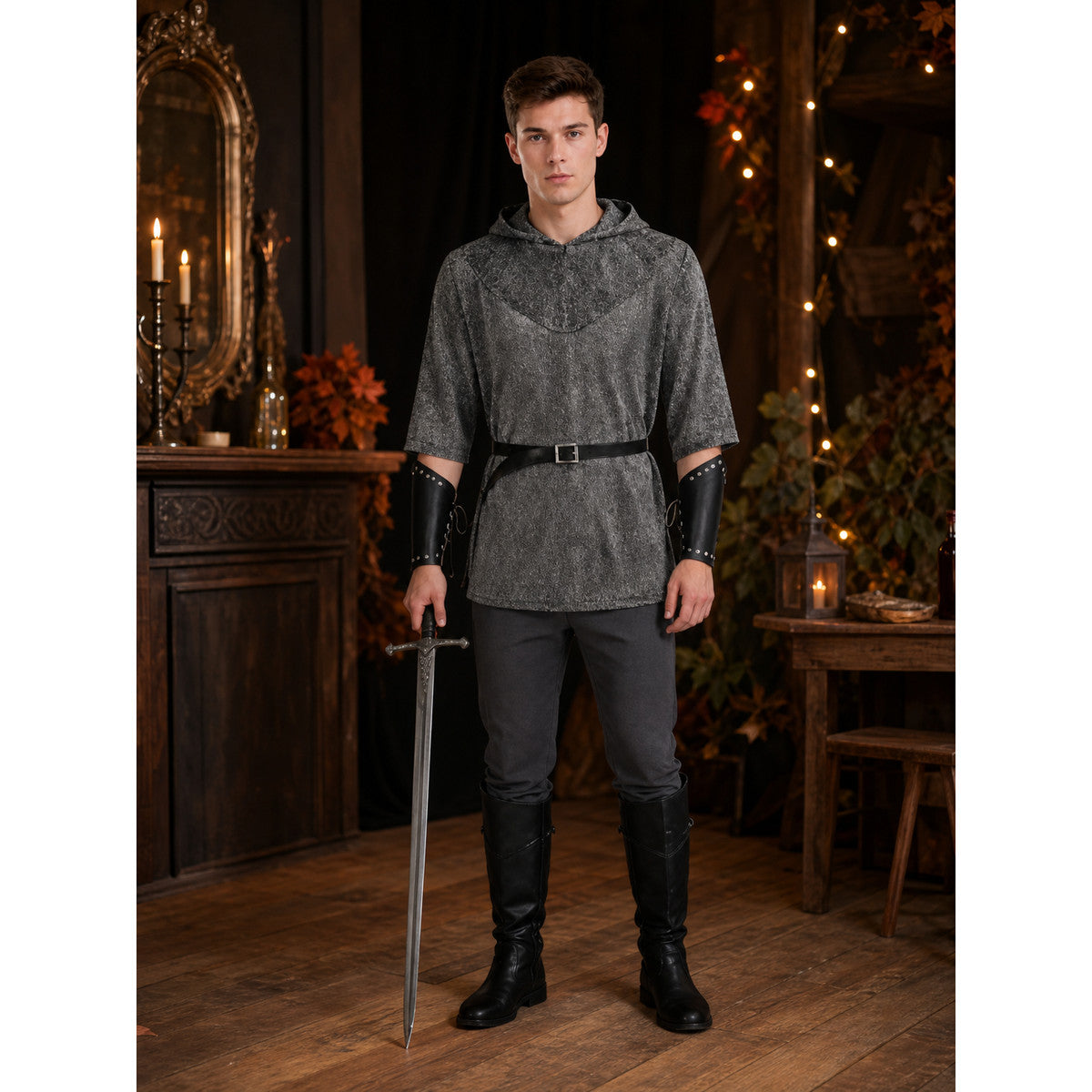 Medieval Warrior Cosplay Costume Set, 6-Piece Hooded Top, Pants, Boots, Arm Guards, Leg Guards And Sword For Role Play Performance