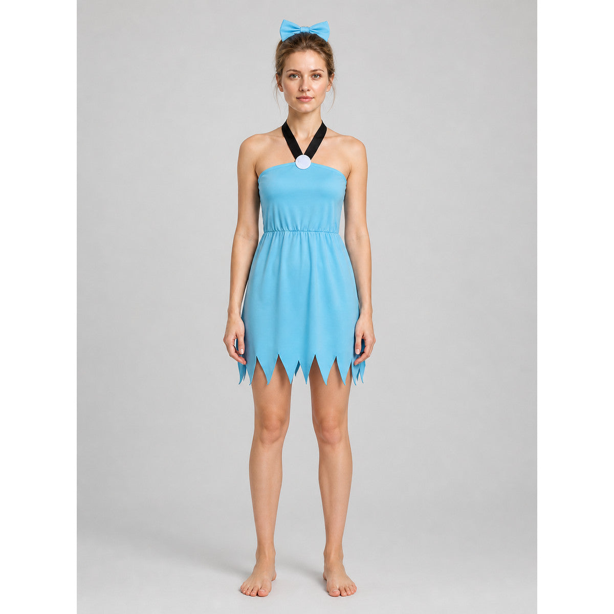 Blue dress with a black ribbon and white dots, jagged hem