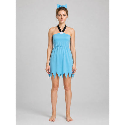 Blue dress with a black ribbon and white dots, jagged hem