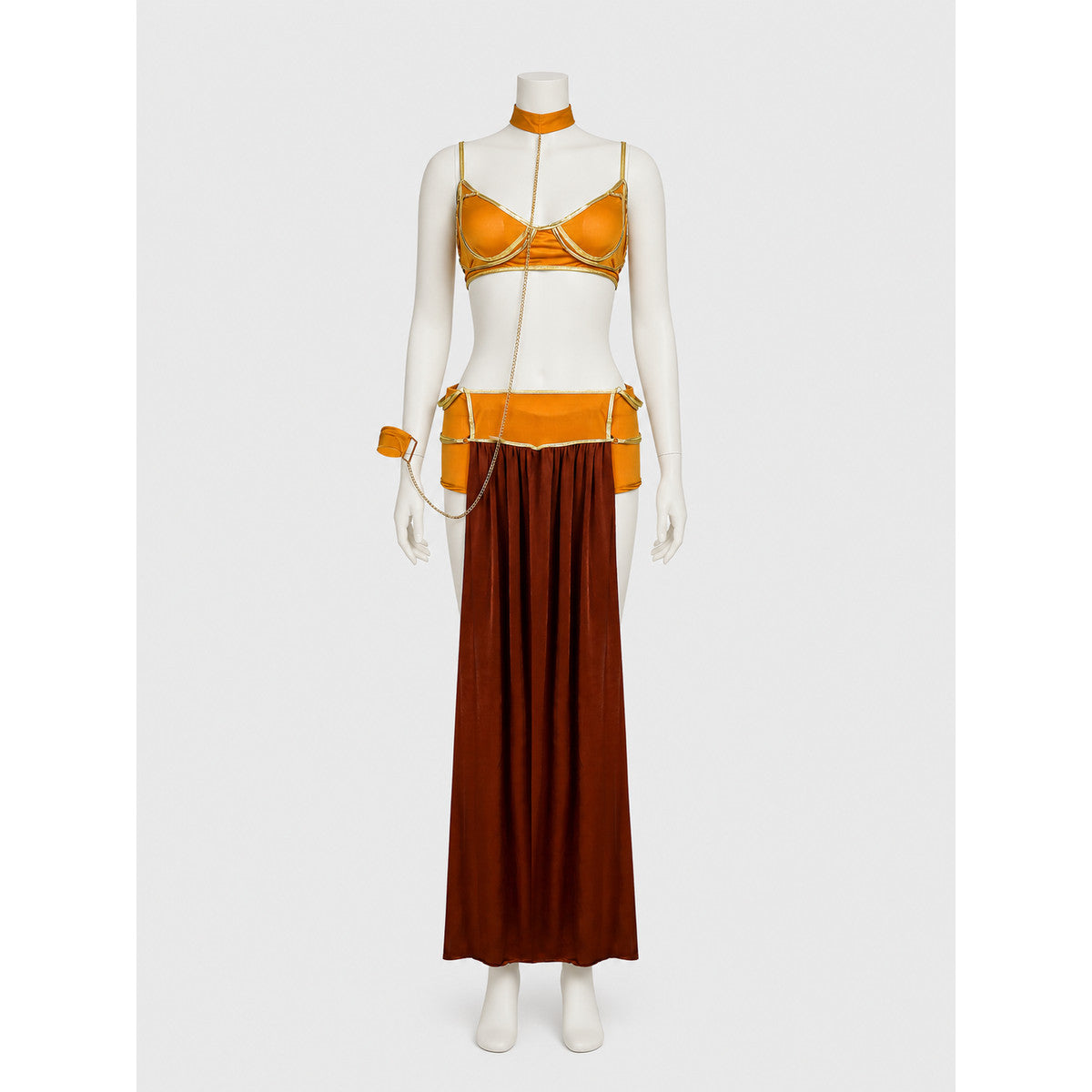 Long Off-the-Shoulder Dress in Orange and Brown on-model view