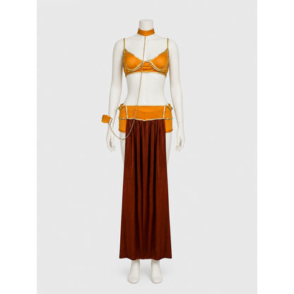 Long Off-the-Shoulder Dress in Orange and Brown on-model view