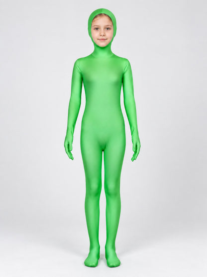 Bright Green Masquerade Jumpsuit with Hood on-model view
