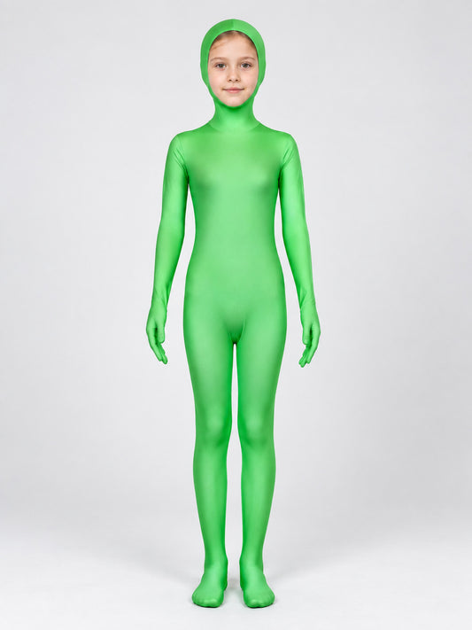Bright Green Masquerade Jumpsuit with Hood on-model view