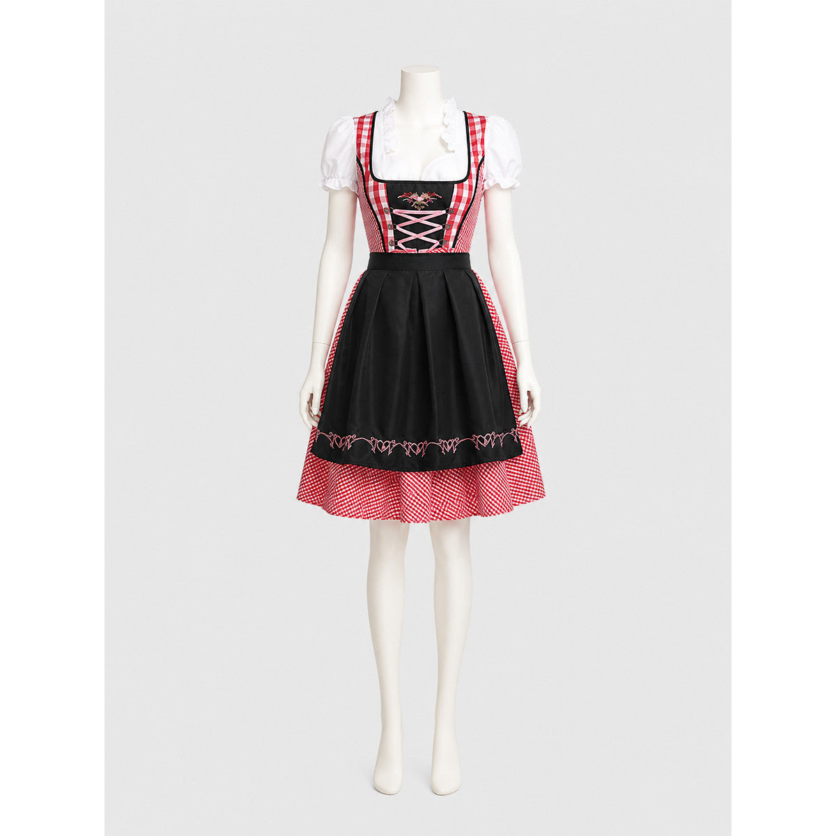 Plaid Dress with Apron-Style Panel and Puff Sleeves on-model view