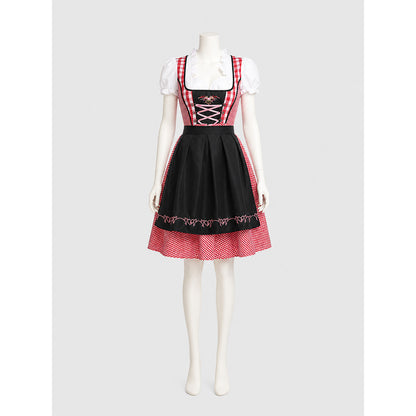 Plaid Dress with Apron-Style Panel and Puff Sleeves on-model view
