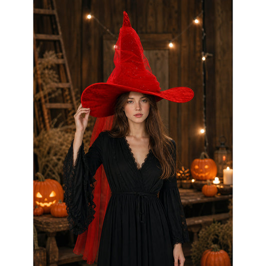1pc Red Halloween Witch Hat with Very Tall Pointed Crown, Extra-Wide Floppy Brim and Sheer Glitter-Speckled Overlay for Cosplay Parties