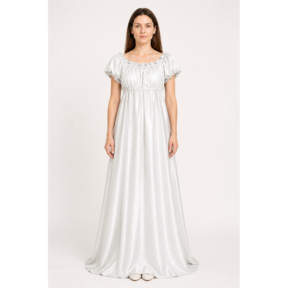 White Long Dress with Train and Puff Sleeves main product view