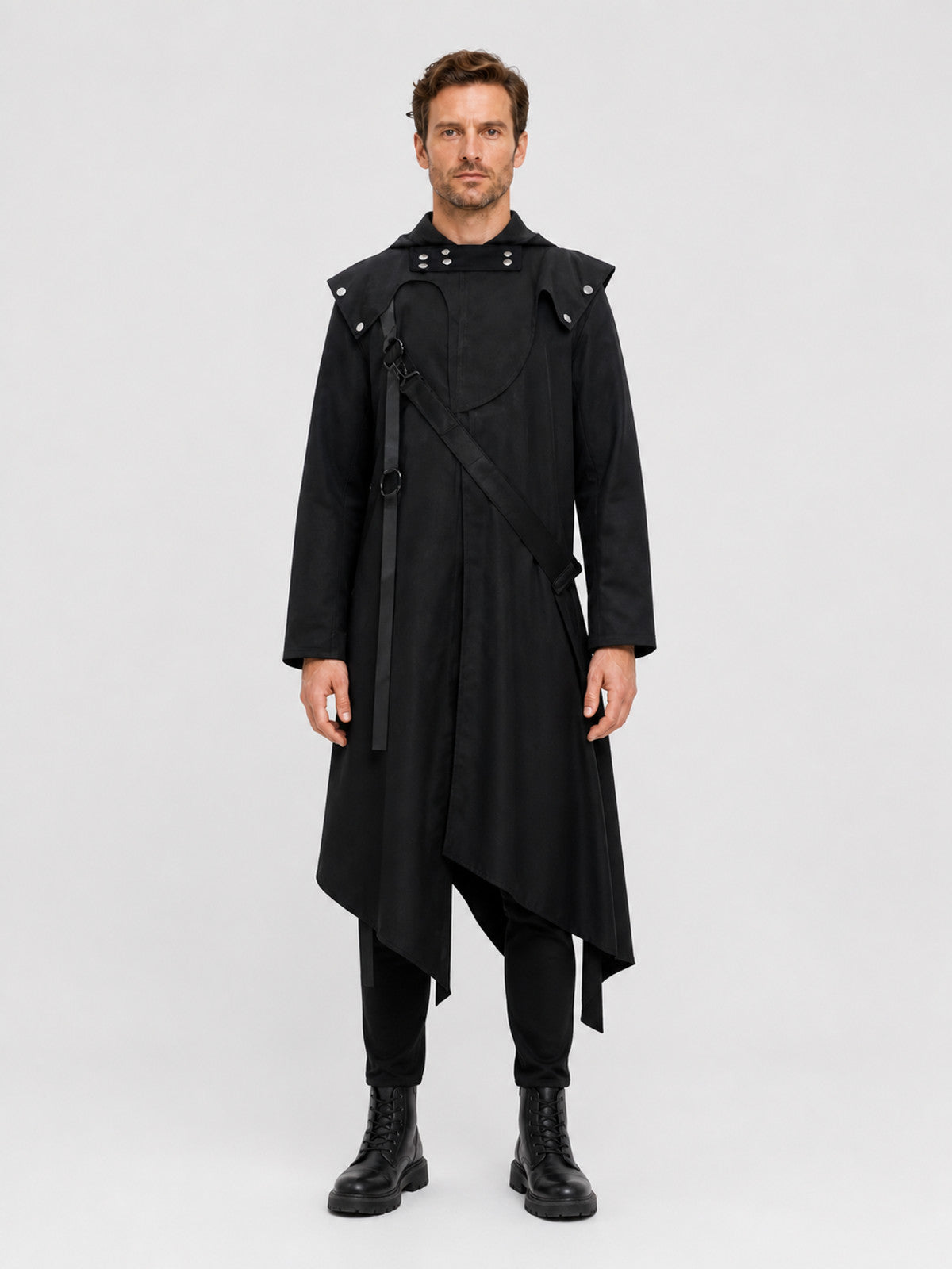 Black Long Cloak with an Asymmetrical Hem and Rivets on-model view
