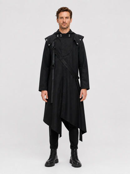Black Long Cloak with an Asymmetrical Hem and Rivets on-model view