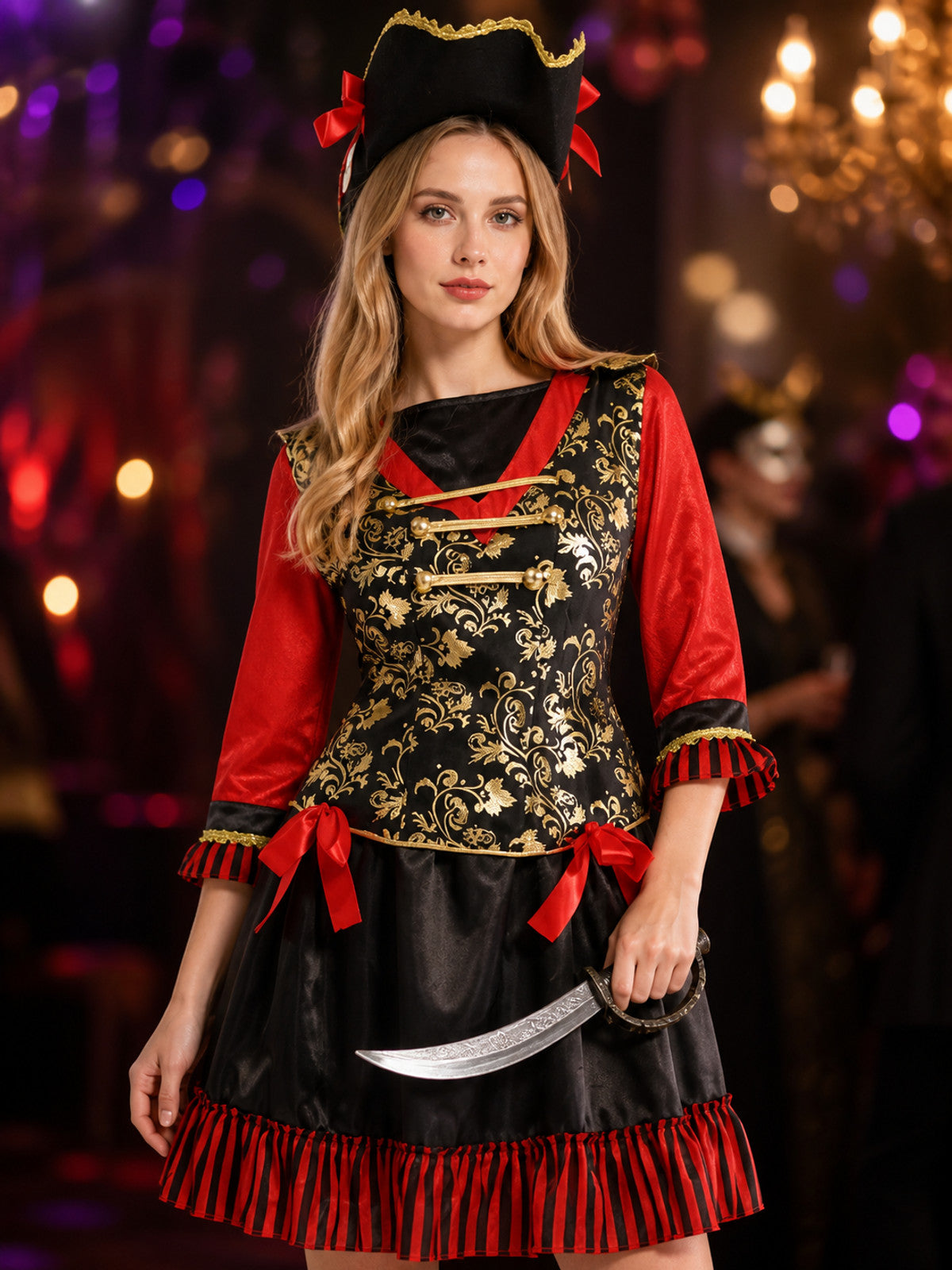 Women's Pirate Captain Halloween Costume Set with Red Black Gold Ruffles and Hat on-model view