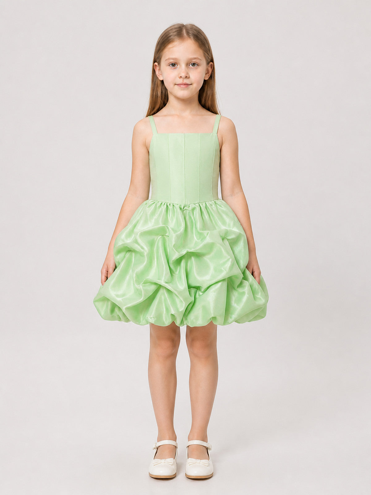 Satin Dress with Spaghetti Straps and a Full Skirt on-model view