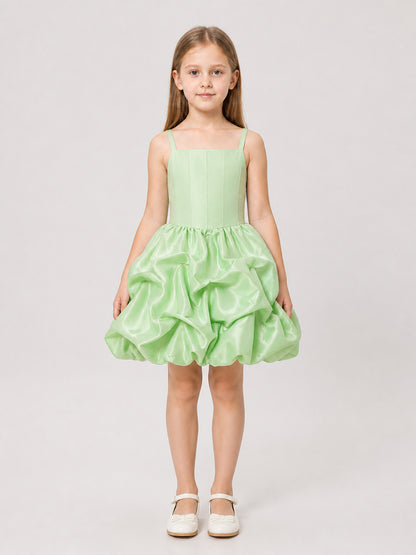 Satin Dress with Spaghetti Straps and a Full Skirt on-model view