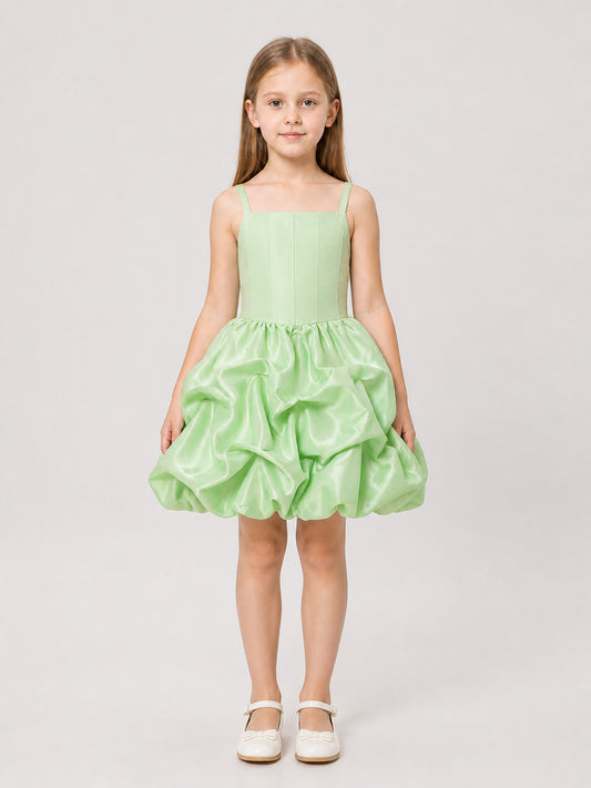 Satin Dress with Spaghetti Straps and a Full Skirt on-model view