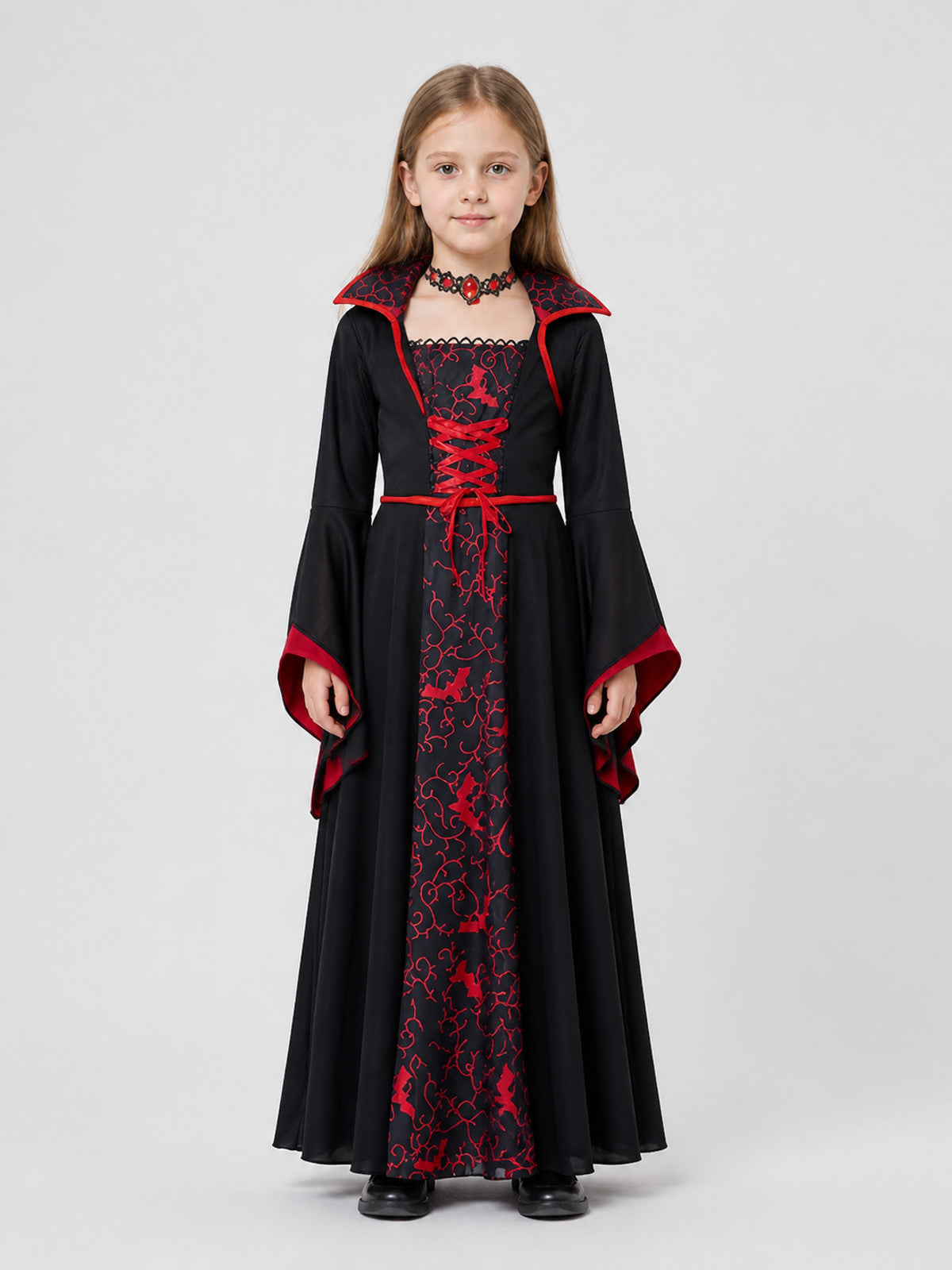 Children's Vampire Halloween Costume with Dress and Necklace on-model view