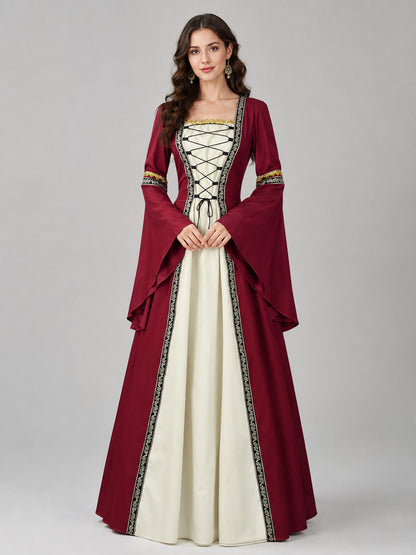 Burgundy Medieval Dress with Front Lacing on-model view