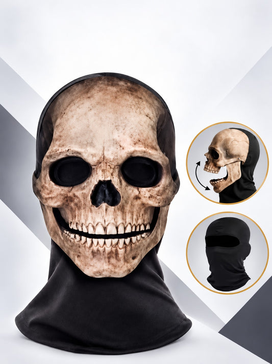 Beige skull mask with movable lower jaw attached to a black balaclava hood, front view, with insets of the hinged jaw and the balaclava
