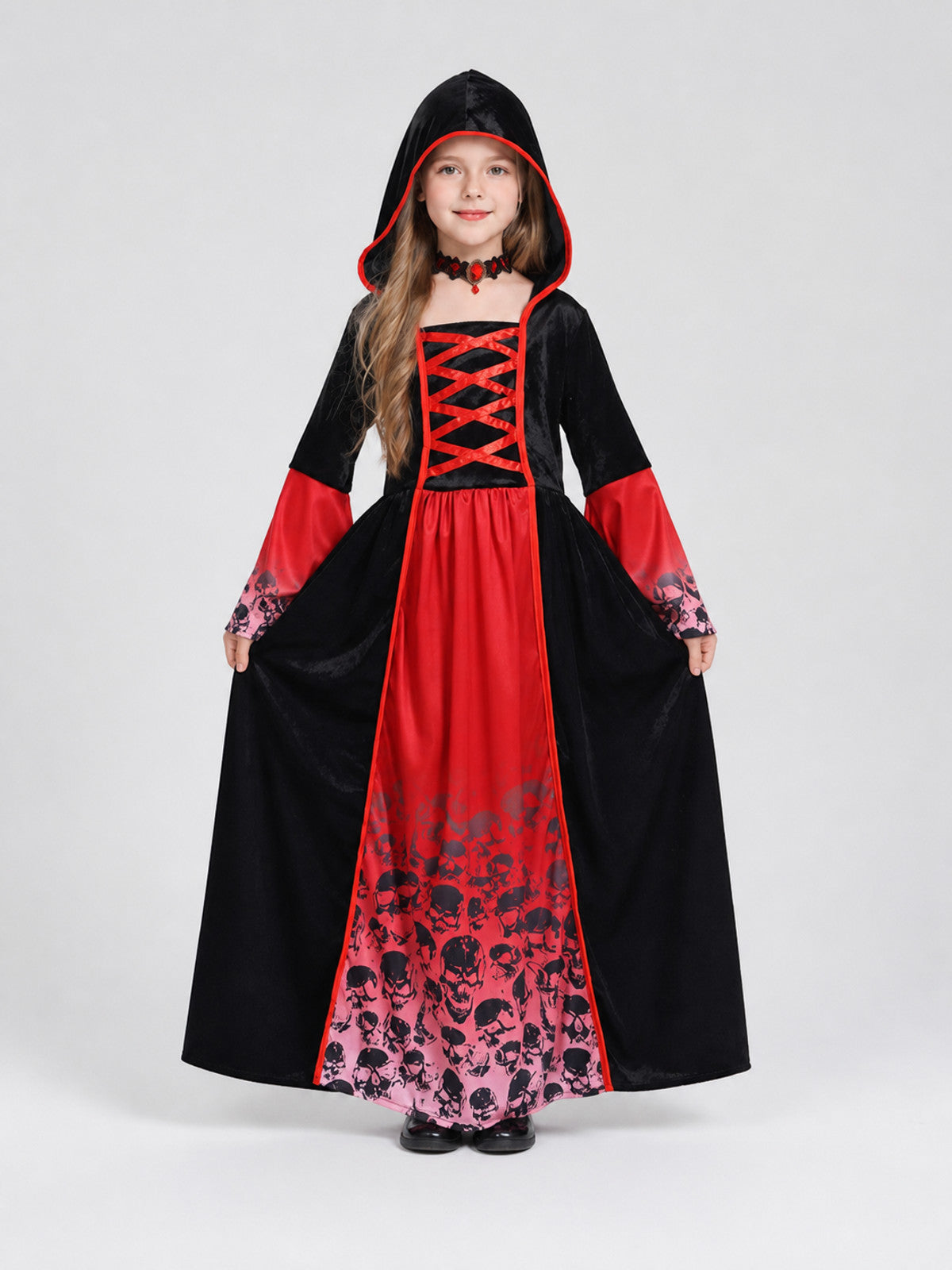Red and Black Vampire Dress with Skulls and Hood on-model view