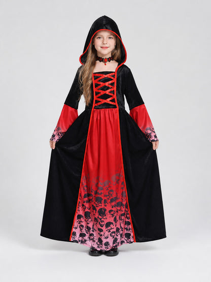 Red and Black Vampire Dress with Skulls and Hood on-model view