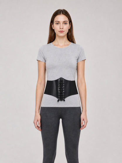 Black Lace-Up Corset Belt for Styling Outfits front view