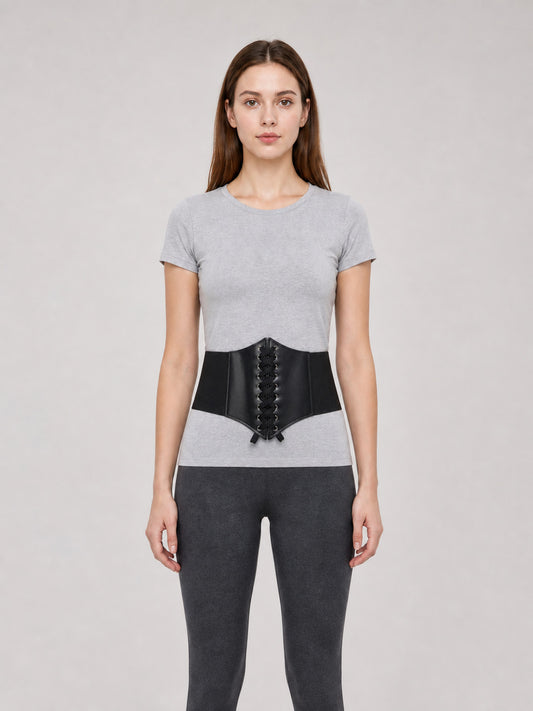 Black Lace-Up Corset Belt for Styling Outfits front view