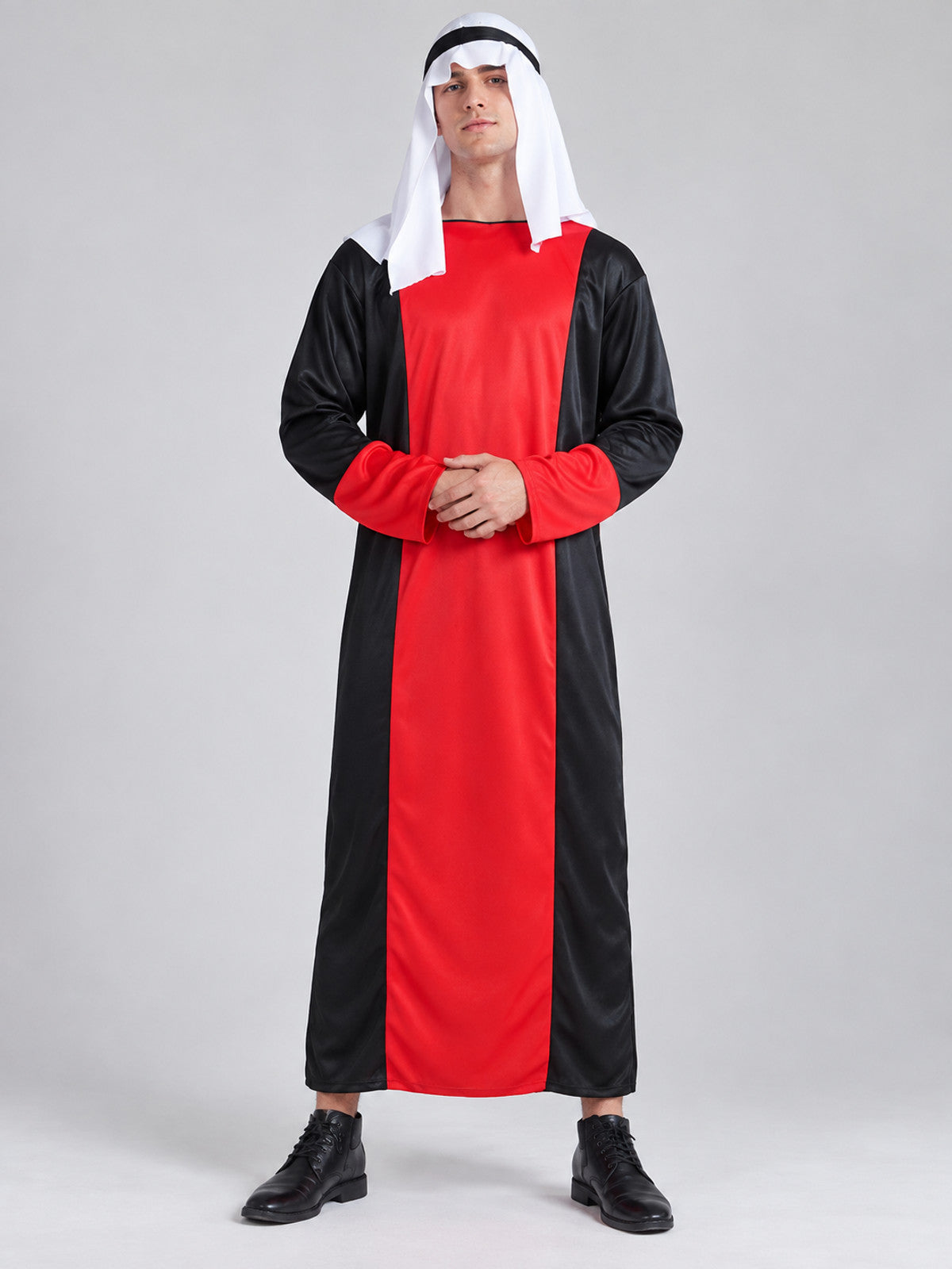 Carnival costume with red and black panels, white scarf