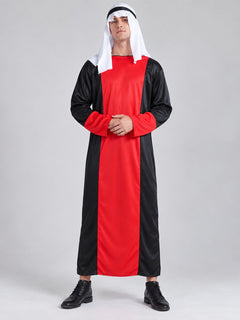 Carnival costume with red and black panels, white scarf