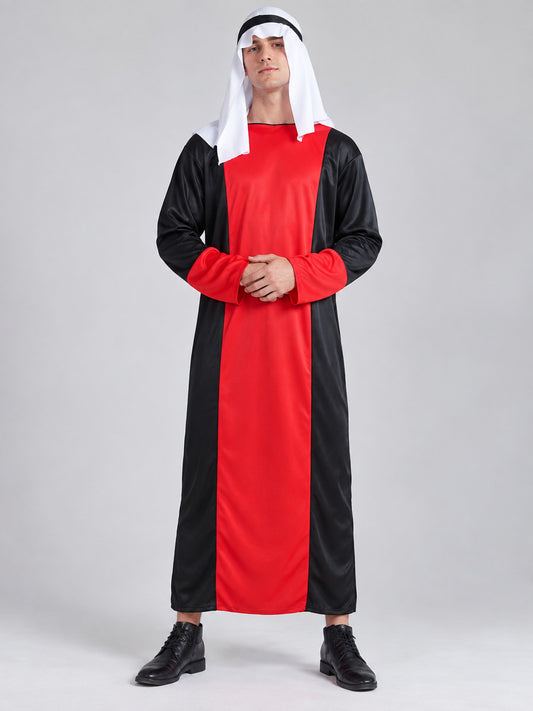 Carnival costume with red and black panels, white scarf