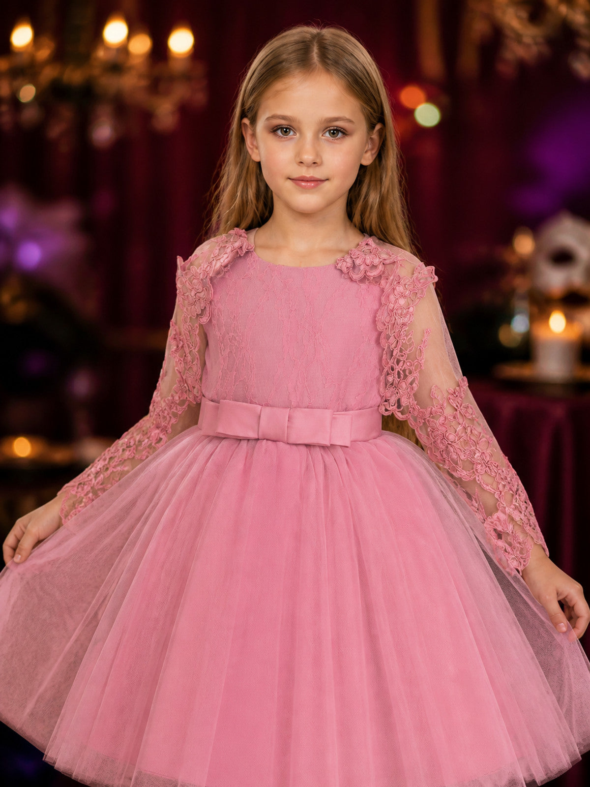 Toddler Girls' Dusty Pink Princess Dress with Lace Bow and Layered Tulle Skirt on-model view