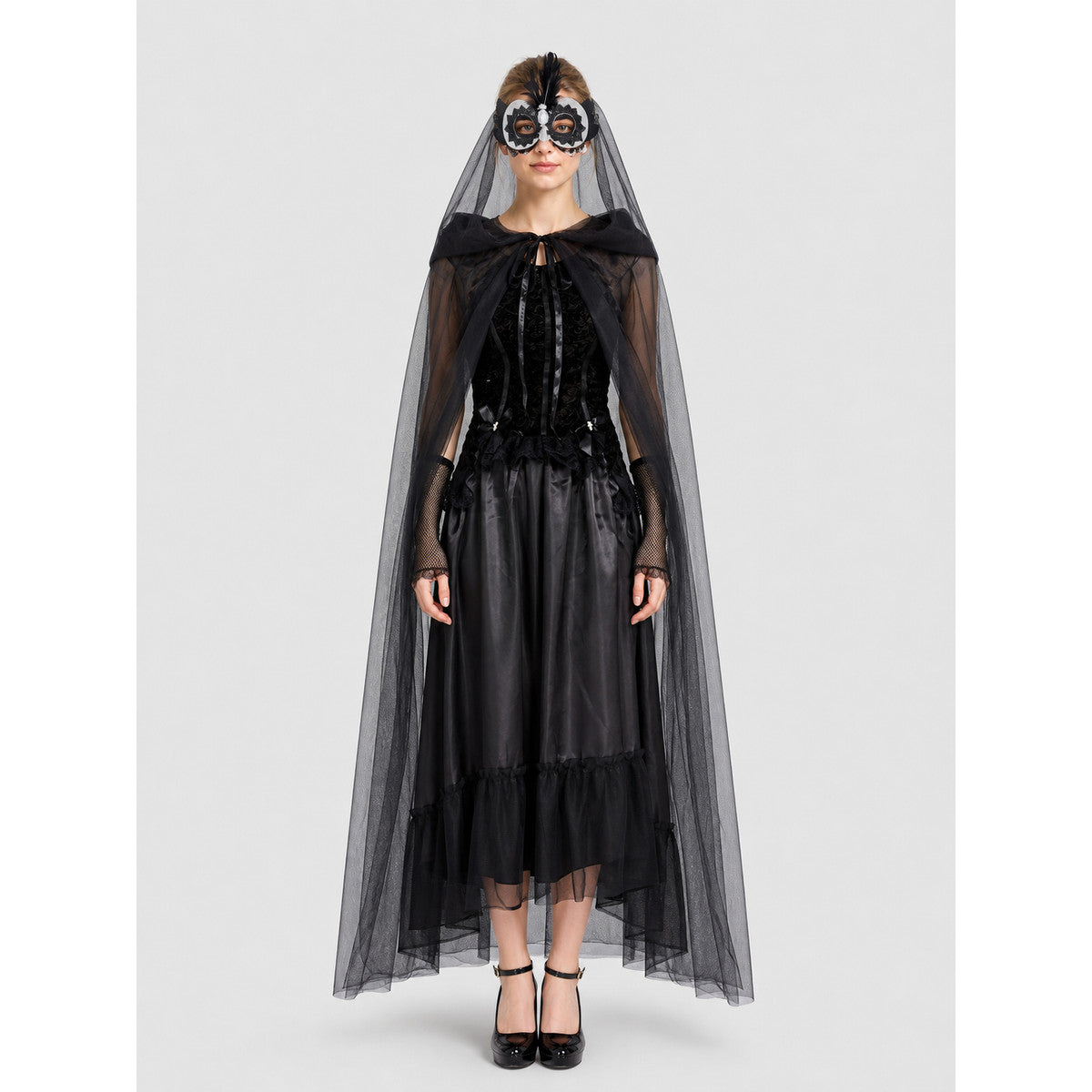 Black Halloween Vampire Dress with Cape on-model view