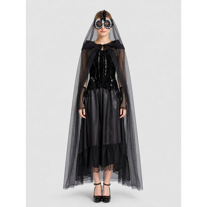 Black Halloween Vampire Dress with Cape on-model view