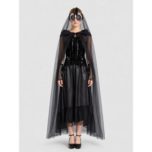 Black Halloween Vampire Dress with Cape on-model view