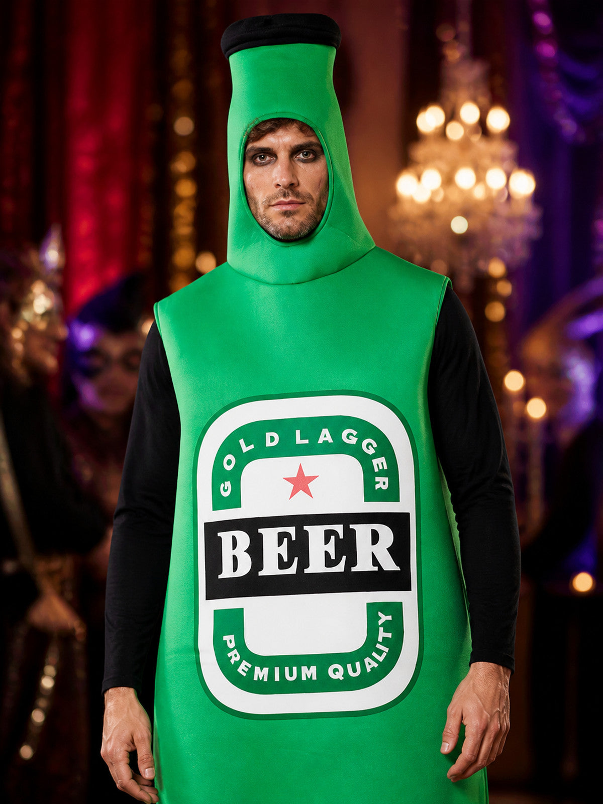 Adult Unisex Beer Bottle Costume, Sleeveless One-Piece Outfit with Bottle Cap on-model view