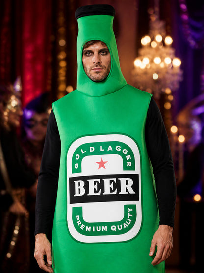 Adult Unisex Beer Bottle Costume, Sleeveless One-Piece Outfit with Bottle Cap on-model view