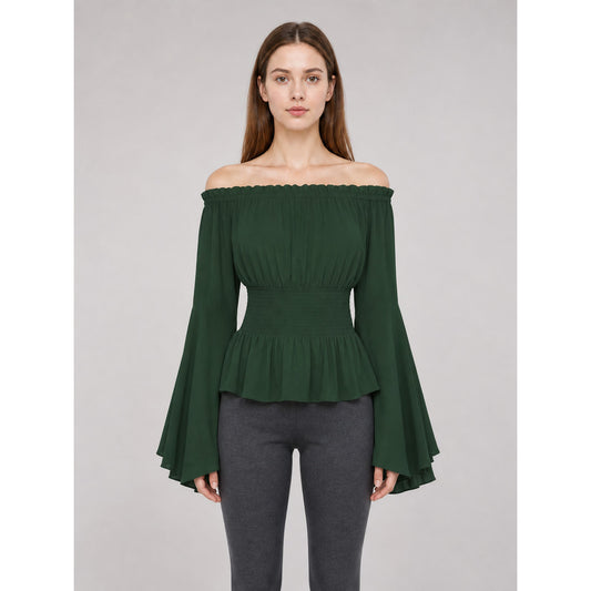 Dark Green Off-the-Shoulder Peplum Blouse
